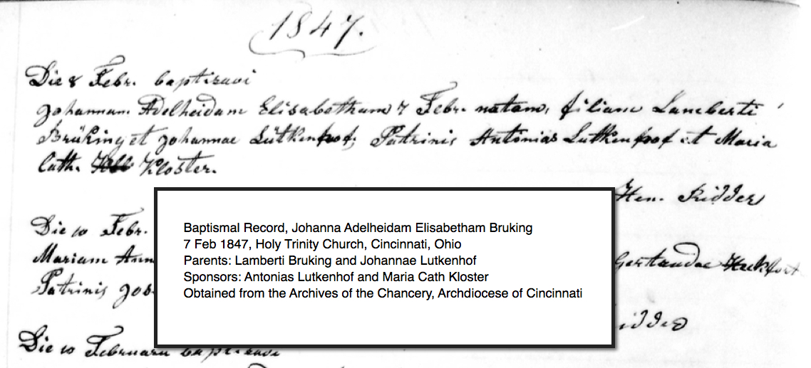 1847 Baptismal Record Johanna Adelheidam Elisabeth Bruking