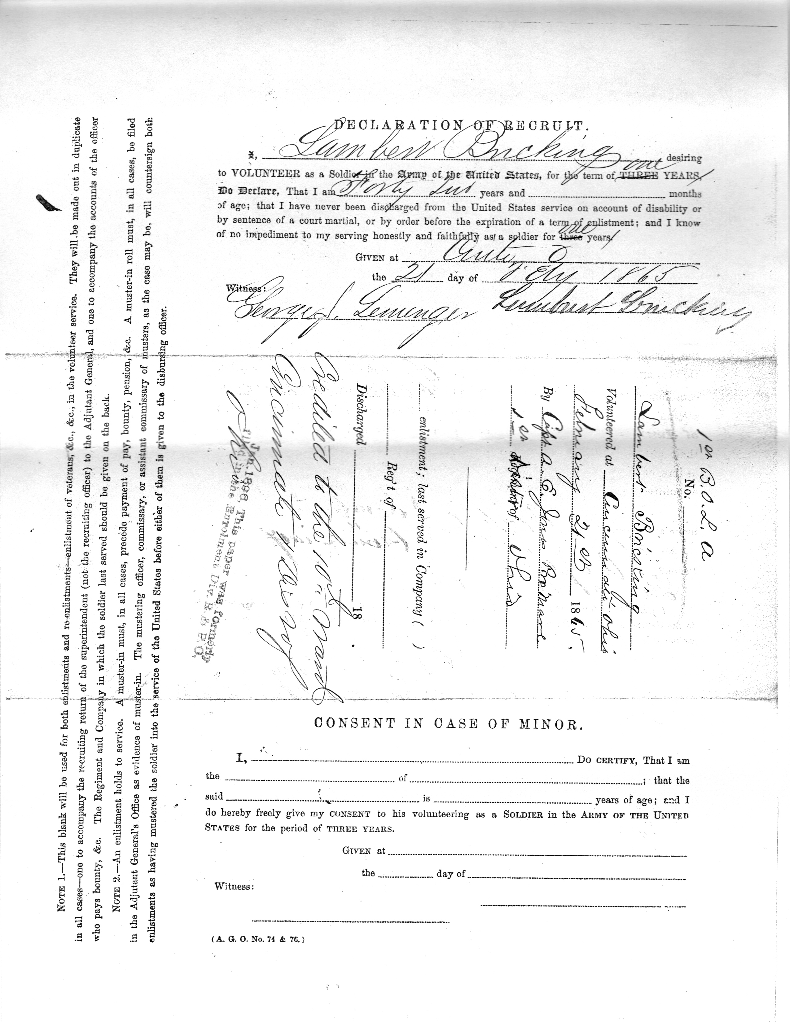 1865 Lambert Bricking Declaration of Recruit