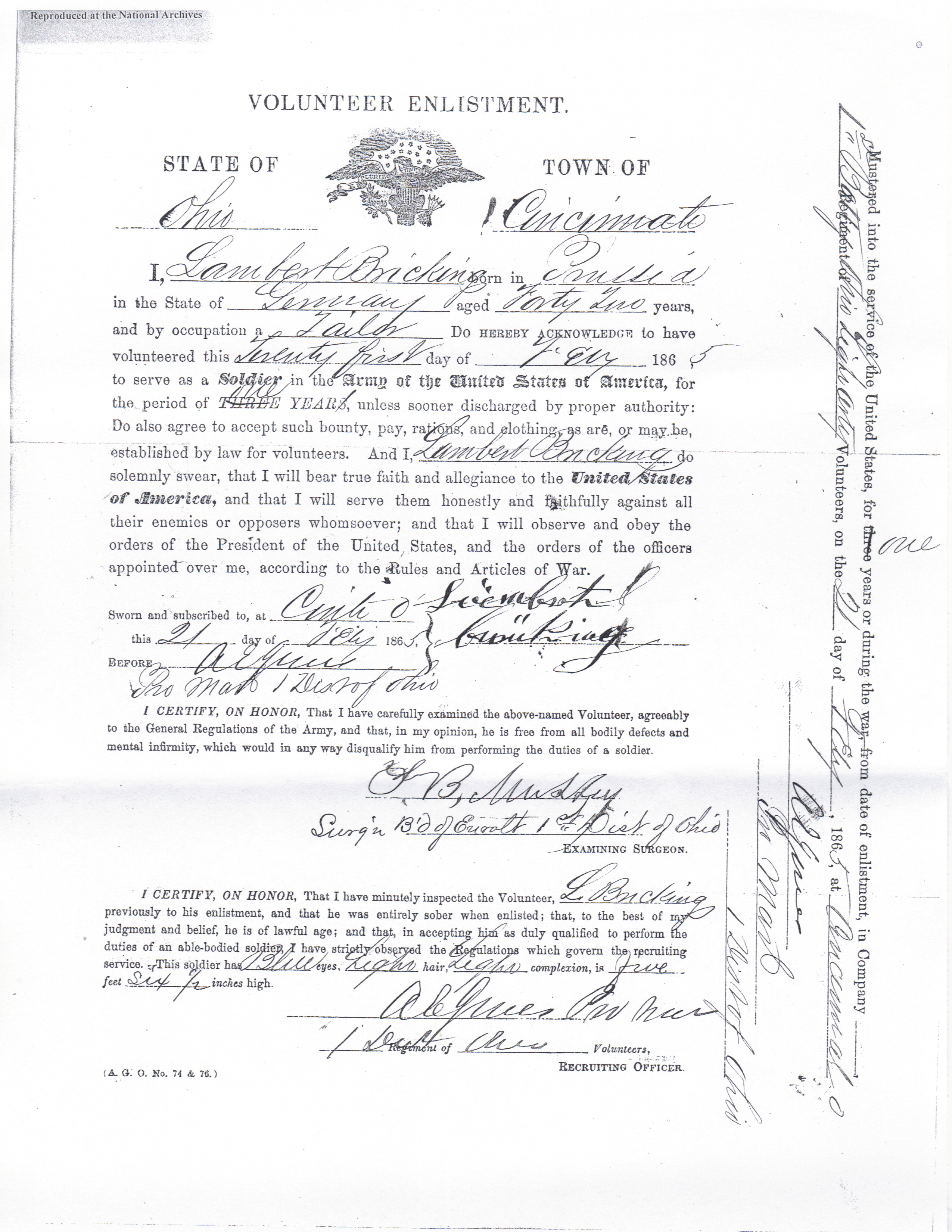 1865 Lambert Bricking Enlistment Papers