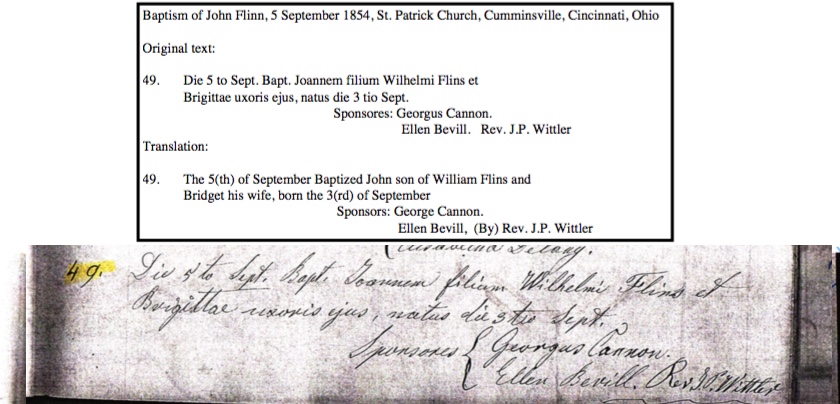 1854 John J Flynn Baptism Record