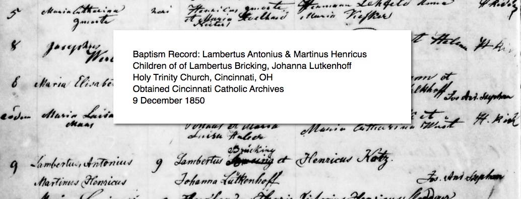 1850 Baptism Record Lambertus Antonius & Martinus Henricus Bricking