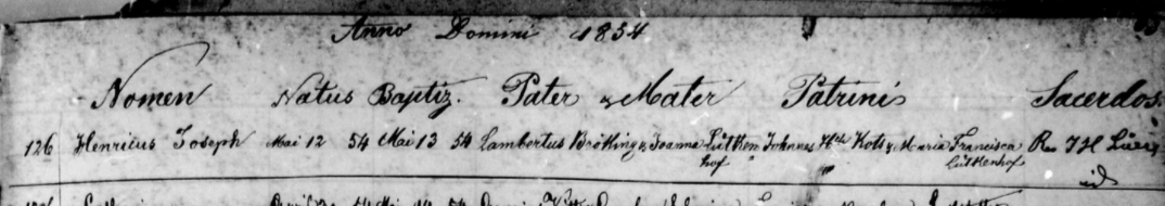 1854 Henricus Joseph Broking Baptism Record